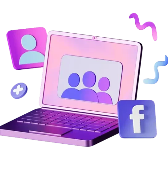 Agencia de growth marketing: portátil con perfiles de clientes e iconos de campañas digitales